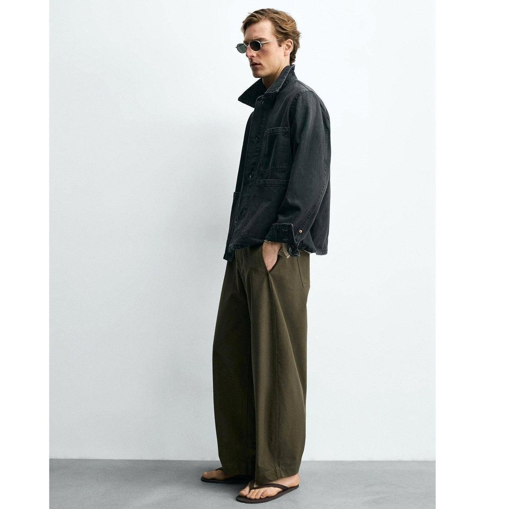 Zara Balloon Barrel Wide Fit Leg Pants Men 30W Khaki Green Fatigue Cotton Blend